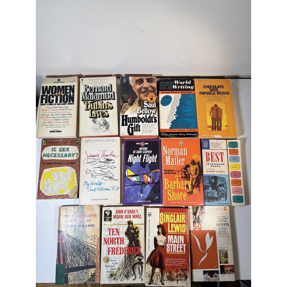 Lot of 14 Vintage Paperbacks - Saul Bellow, Sinclair Lewis, James Thurber, More!